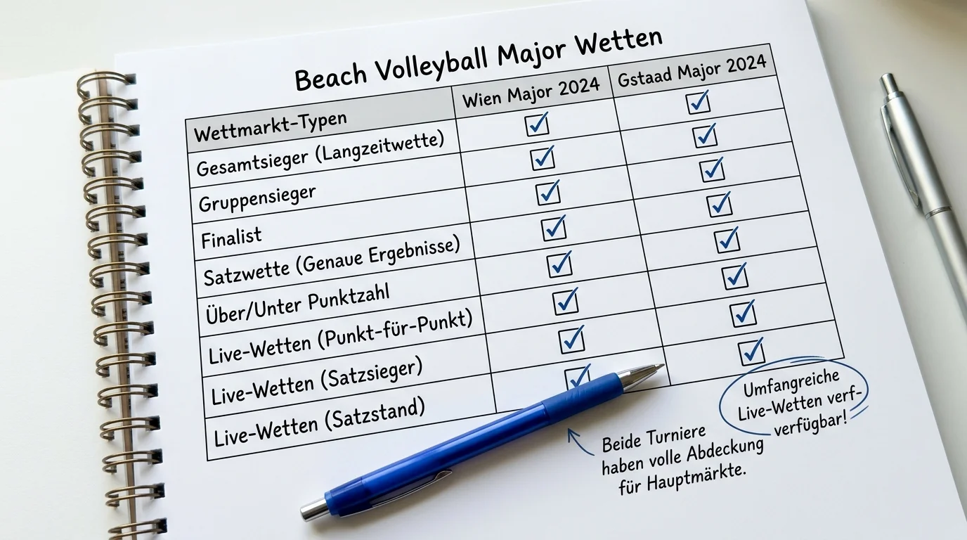 Wettmärkte-Übersicht Beach Volleyball Major Wien und Gstaad – verfügbare Wettarten bei GGL-lizenzierten Buchmachern