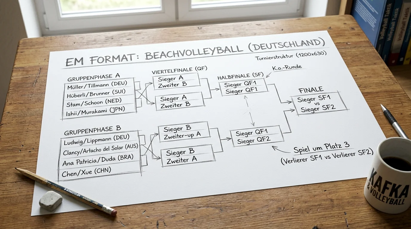 Europameisterschaft Beachvolleyball Turnierformat mit Gruppenphase und K.o.-Runden für Wettanalyse