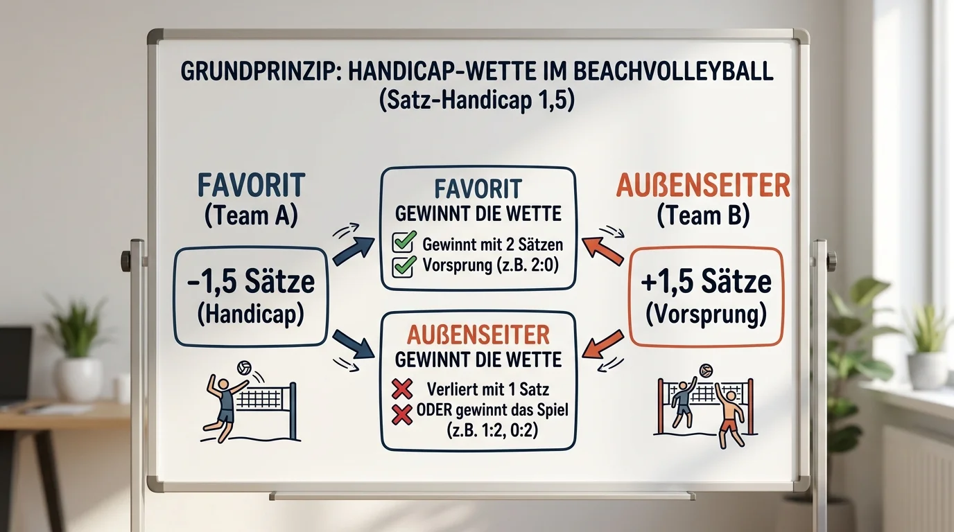 Grundprinzip der Beachvolleyball Handicap-Wette: Schaubild mit Favorit minus 1,5 Sätze und Außenseiter plus 1,5