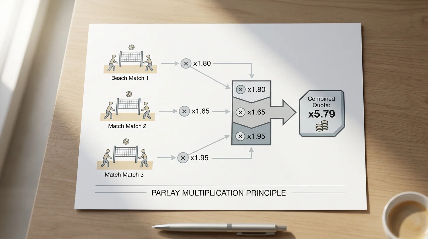 Schematische Darstellung der Quotenmultiplikation bei einer Beachvolleyball-Kombiwette mit drei Spielen