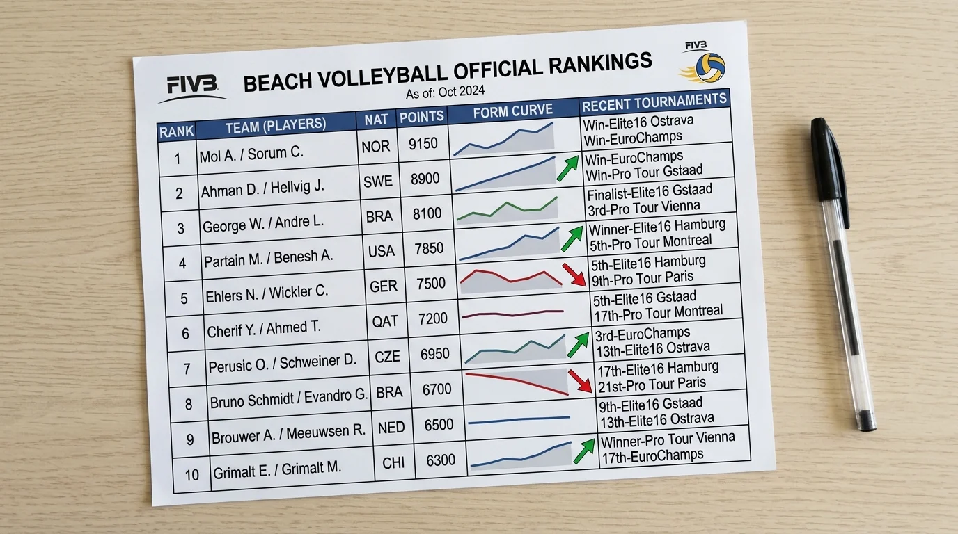 FIVB-Ranking-Analyse für Beachvolleyball Langzeitwetten: Rangliste mit Formkurve-Overlay und Turnierhistorie