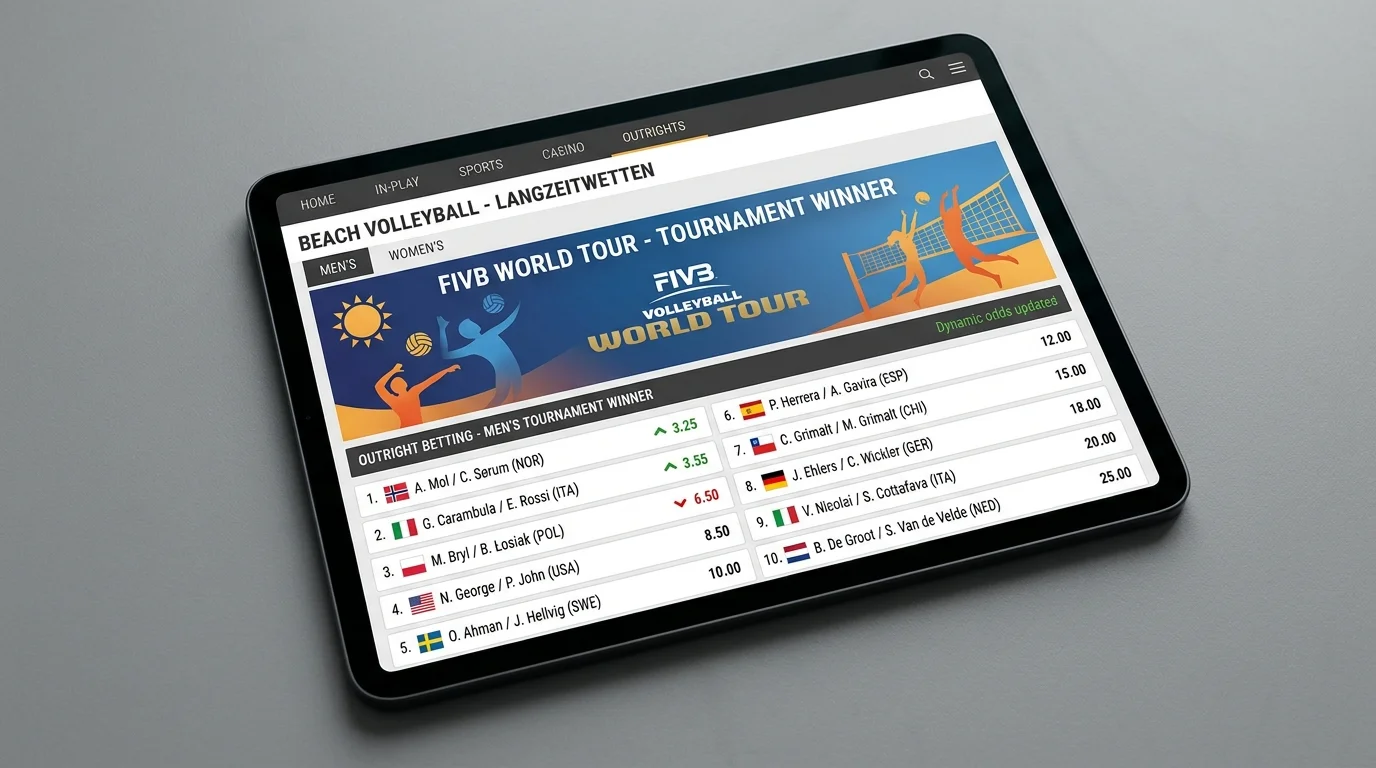Beachvolleyball Langzeitwetten: Outright-Quoten für Turniersieger auf Wettplattform mit FIVB-Turnierbanner