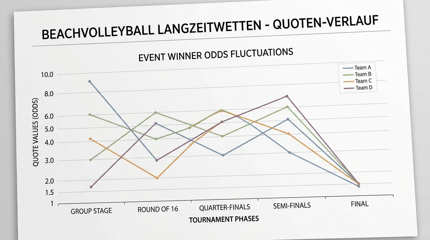 Beachvolleyball Langzeitwetten Quotenverlauf: Diagramm mit steigenden und fallenden Turniersieger-Quoten während Event