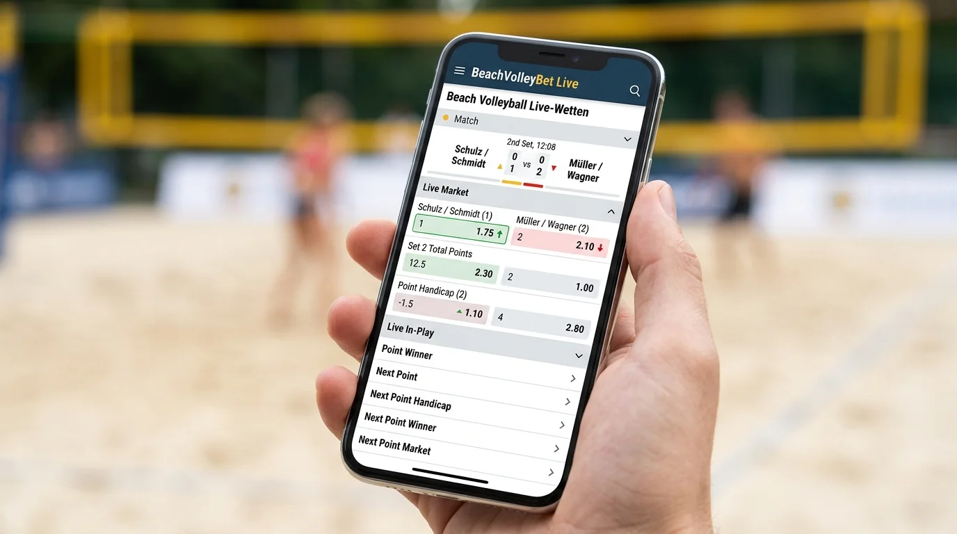 Beachvolleyball In-Play-Wettmarkt auf einem Smartphone – Live-Quoten reagieren auf Spielgeschehen in Echtzeit