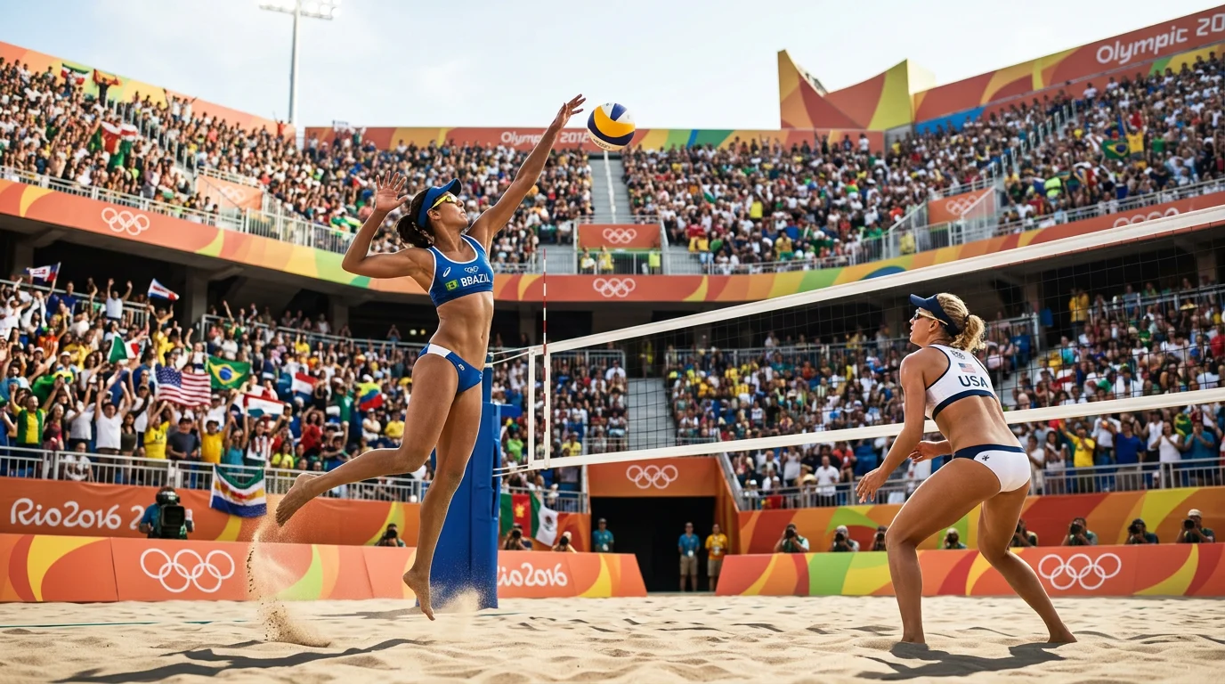 Beachvolleyball bei den Olympischen Spielen – Duo kämpft vor vollem olympischen Stadion um den Matchgewinn