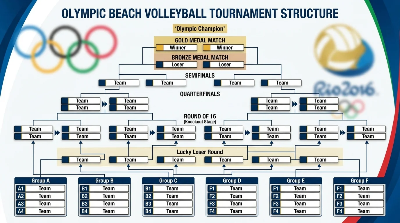 Schematischer Turniermodus Beachvolleyball Olympia mit Gruppenphase, Lucky-Loser-Runde und KO-Bracket