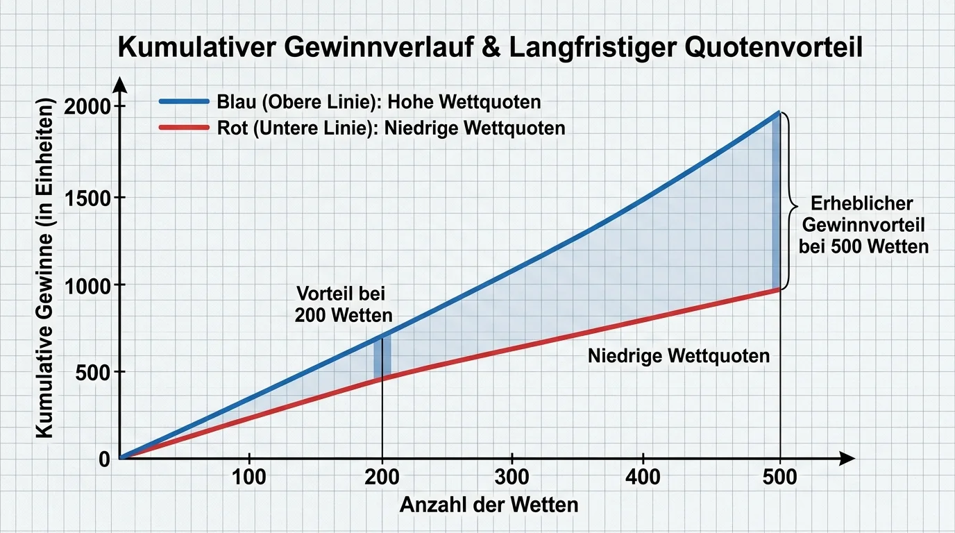 Langzeit-Gewinnvorteil durch Beachvolleyball-Quotenvergleich: Kumulative Einsparungen bei 200 und 500 Wetten
