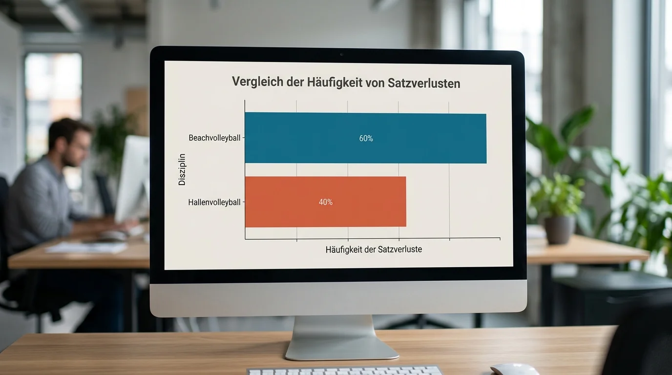 Vergleich Satzverlust-Häufigkeit Beachvolleyball vs. Hallenvolleyball: Balkendiagramm mit Statistiken