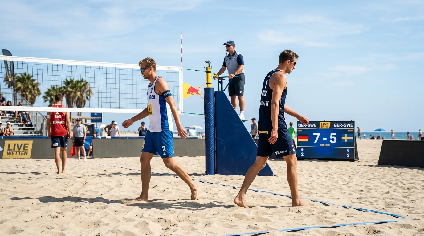 Seitenwechsel beim Beachvolleyball als Analysepause für Live-Wetten – Teams wechseln die Seiten nach 7 Punkten im Satz
