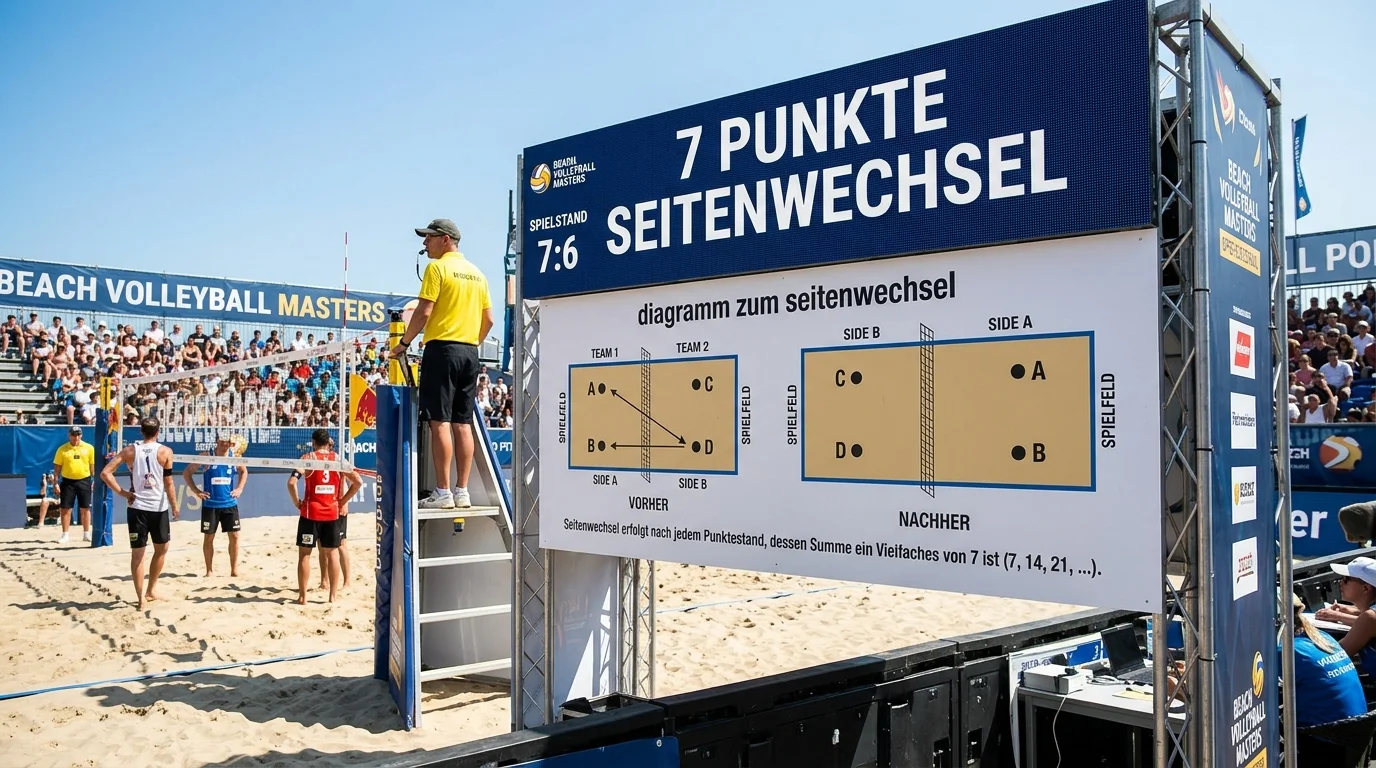 Seitenwechsel-Regel beim Beachvolleyball – nach 7 Punkten im Satz und 5 Punkten im Tiebreak wechseln die Teams