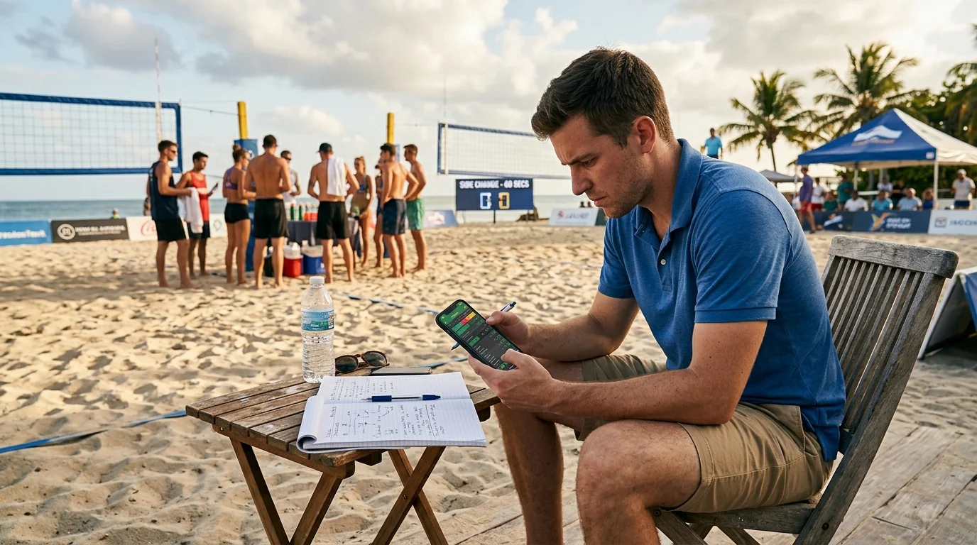 Live-Wettentscheidung beim Beachvolleyball-Seitenwechsel – strukturierter Entscheidungsprozess in der 60-Sekunden-Pause
