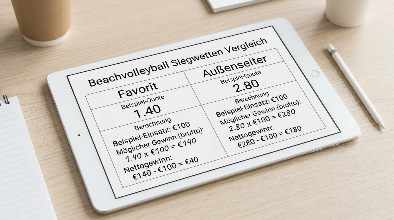 Beachvolleyball Siegwette Quoten: Tabelle mit Beispielquoten für Favorit und Außenseiter