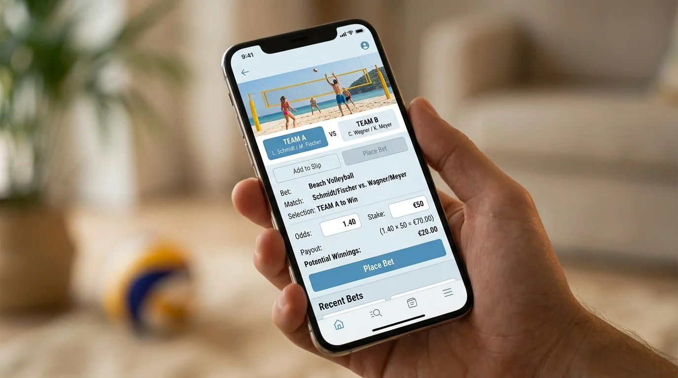 Beachvolleyball Wettschein mit ausgefüllter Siegwette und Quotenberechnung auf mobilem Gerät