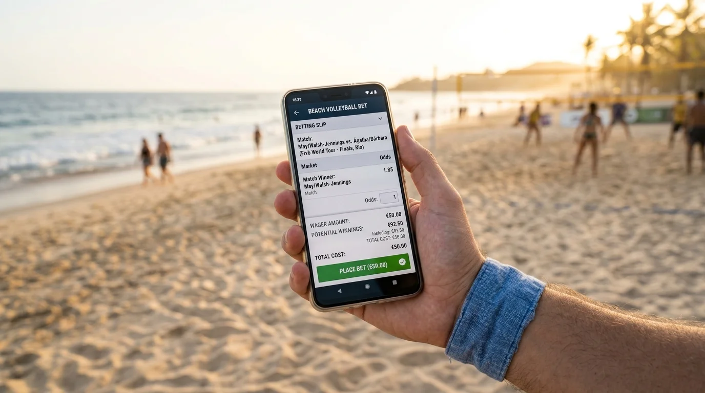 Smartphone-Screen mit ausgefülltem Beachvolleyball-Wettschein – erste Wette Schritt für Schritt platzieren