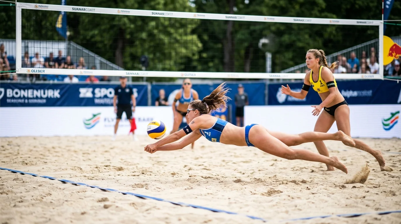 Beachvolleyball-Court mit zwei Spielern beim Match – Grundlage für Sportwetten-Einsteiger