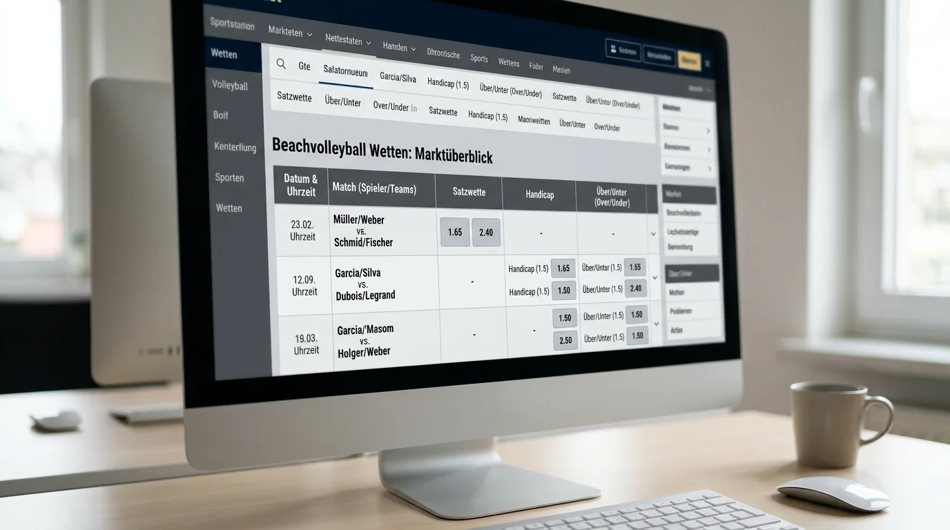 Marktübersicht Beachvolleyball Wetten – Wettquoten-Tabelle auf einem deutschen Sportwetten-Interface mit Beachvolleyball-Partien