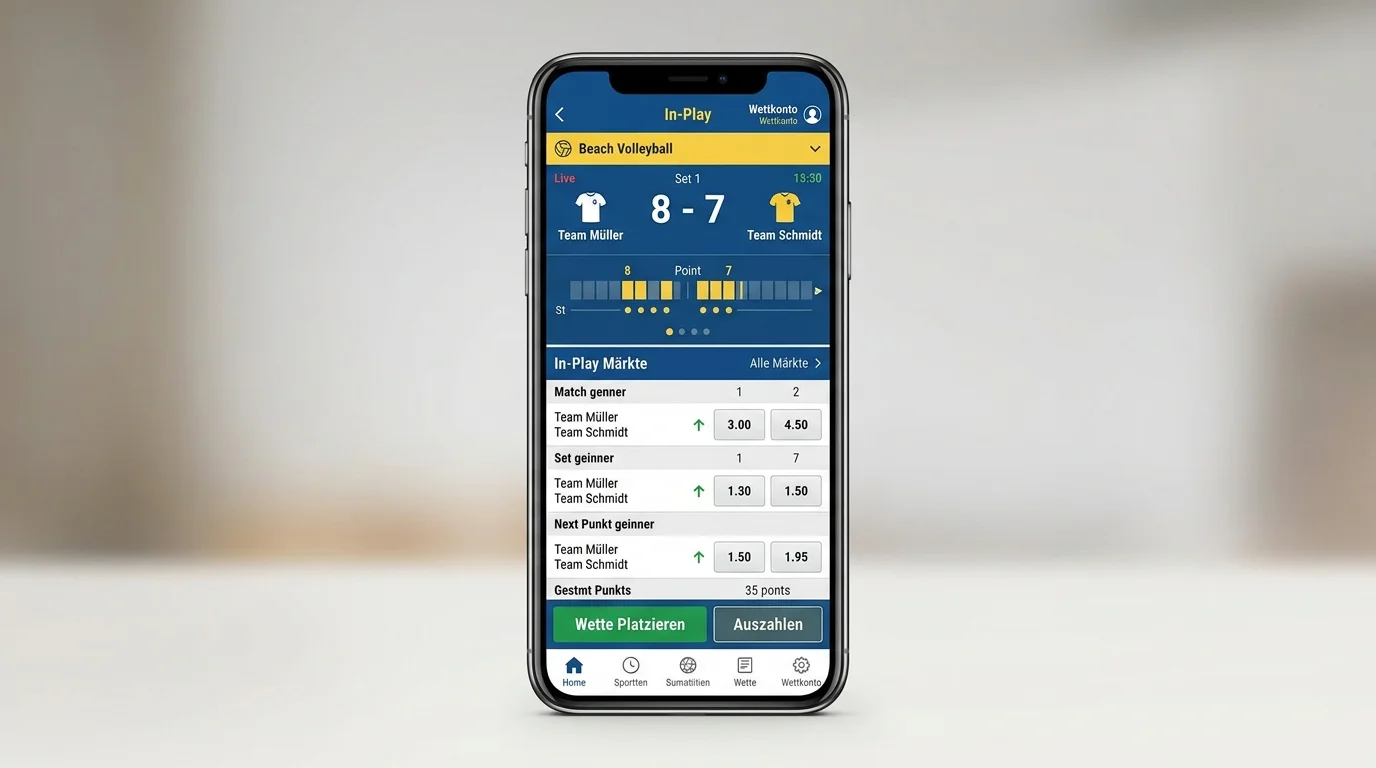 In-Play-Features einer Beachvolleyball-Wett-App – Live-Score, Quoten und Einsatzmaske auf einen Blick