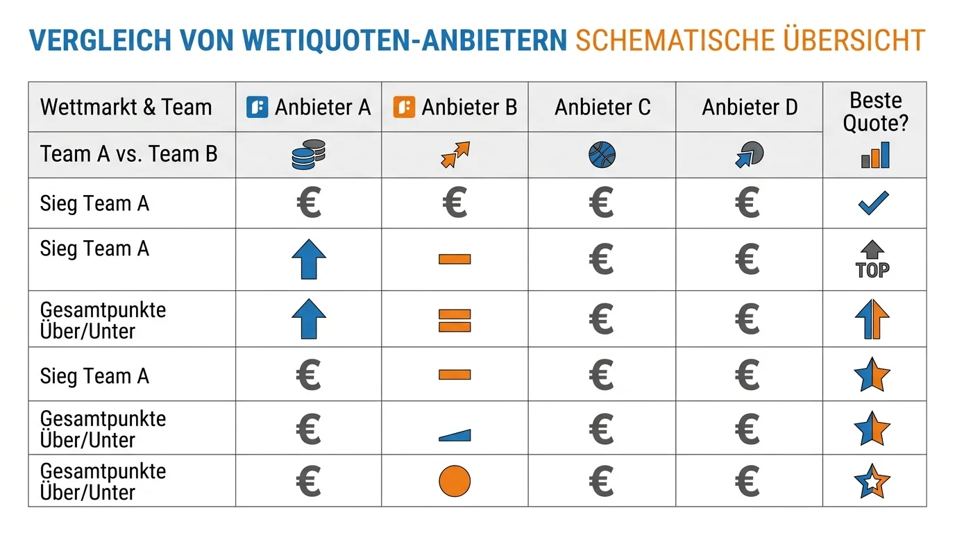 Tabelle mit Beachvolleyball-Quotenvergleich über mehrere lizenzierte Anbieter – finanzielle Unterschiede visualisiert