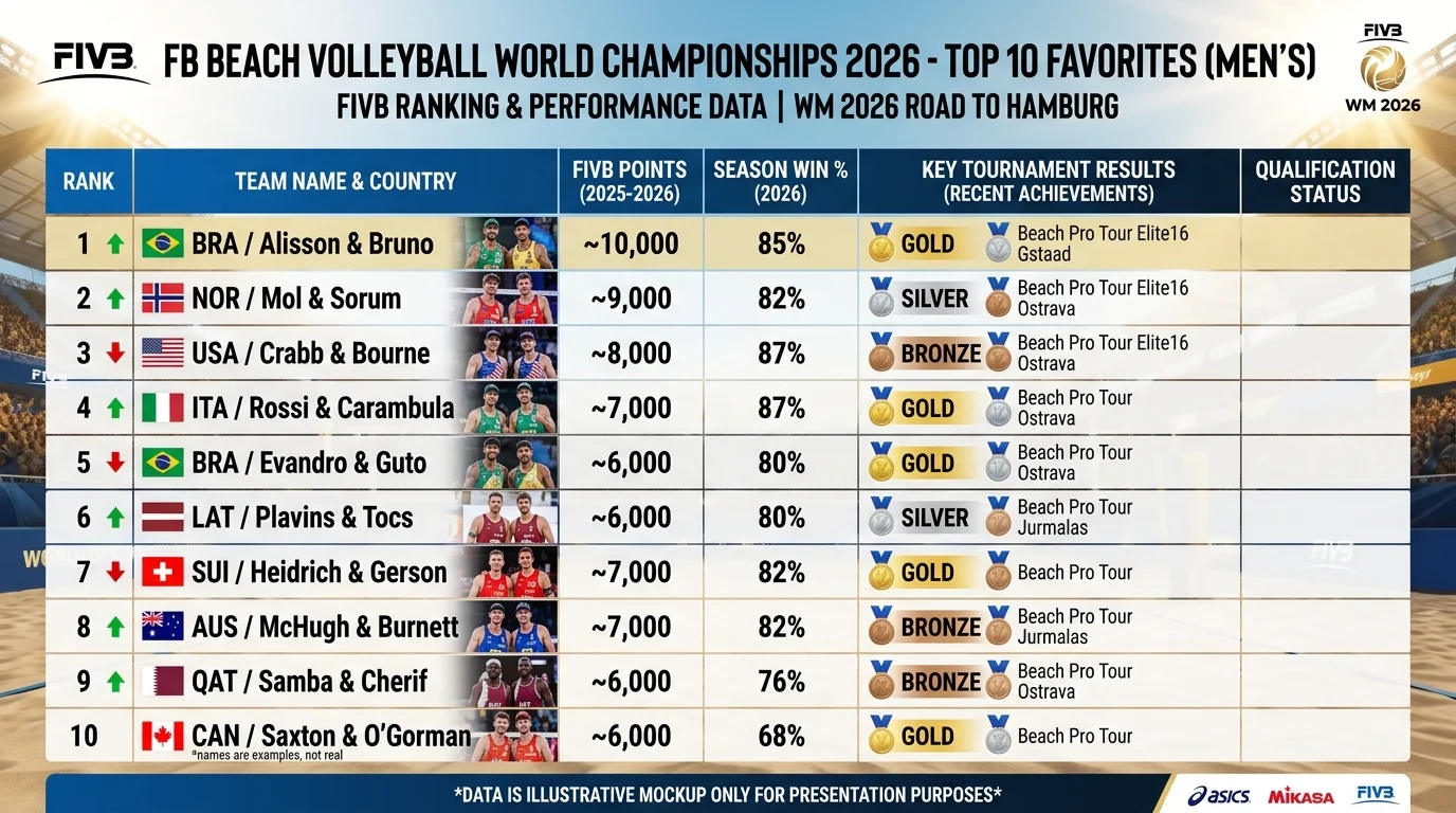 FIVB-Weltrangliste der Top-10-Beachvolleyball-Duos für die WM 2026 – Favoriten und ihre aktuellen Saisonleistungen