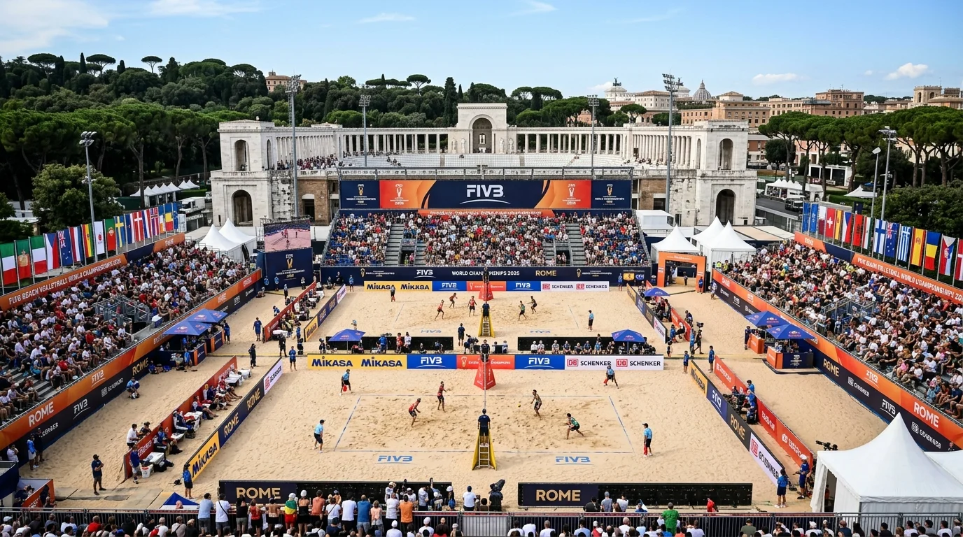 Beachvolleyball WM 2026 in Rom – Turniergelände mit FIVB-Branding und Beachvolleyball-Court unter freiem Himmel