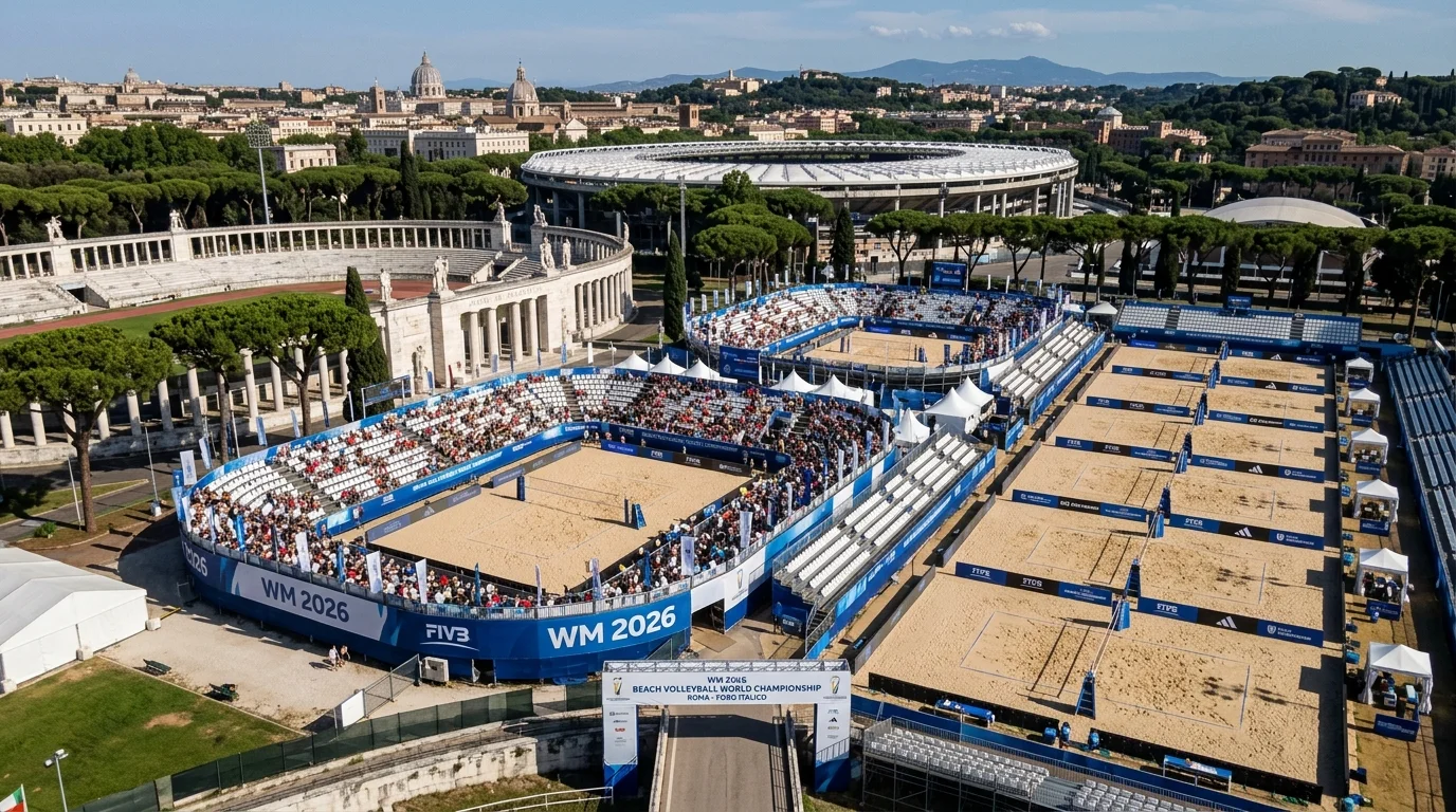 Beachvolleyball-WM 2026 in Rom – Übersicht des Turniergeländes am historischen Foro Italico mit Sandcourts