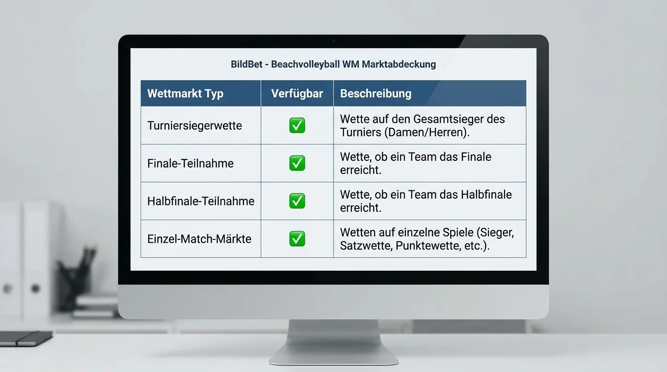 Marktübersicht für die Beachvolleyball-WM bei BildBet – Turniersiegerwette, Halbfinale und Einzel-Match-Märkte