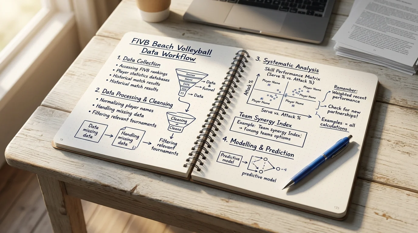 Schritt-für-Schritt-Analyse-Workflow mit FIVB-Daten für Beachvolleyball-Wetten auf einem Notizblock