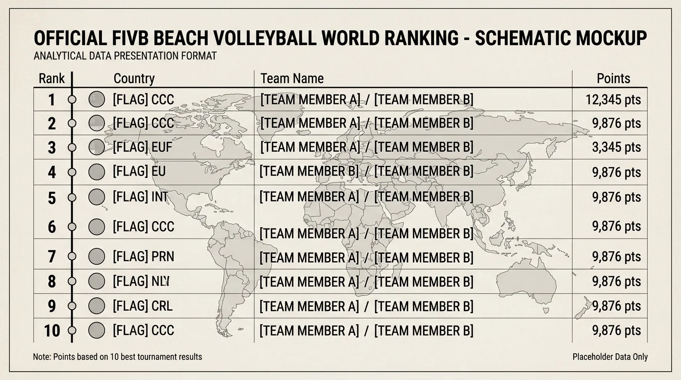 Ausschnitt der offiziellen FIVB Beachvolleyball-Weltrangliste mit Team-Positionen und Punktestand