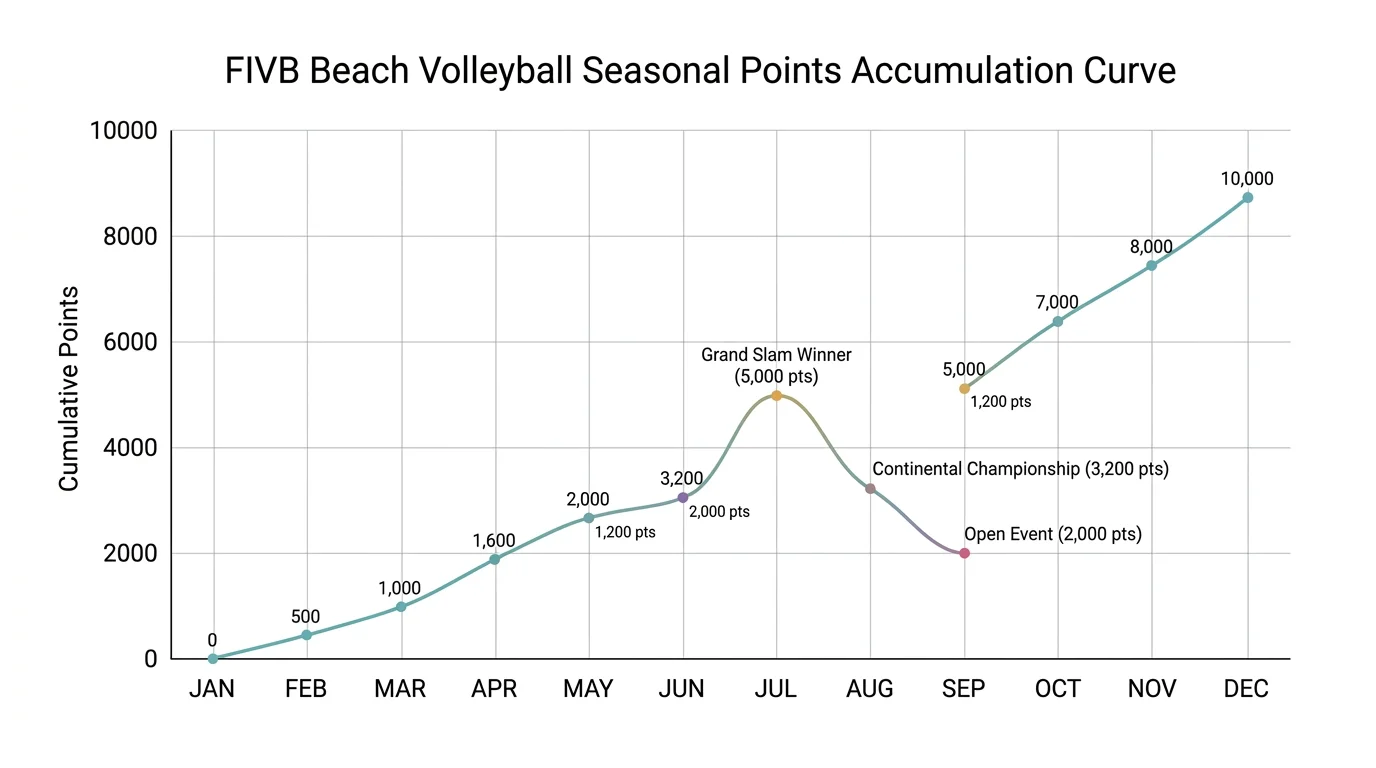 FIVB-Saisonpunktekurve eines Beachvolleyball-Teams über mehrere Monate – Ranking vs. aktuelle Form im Vergleich