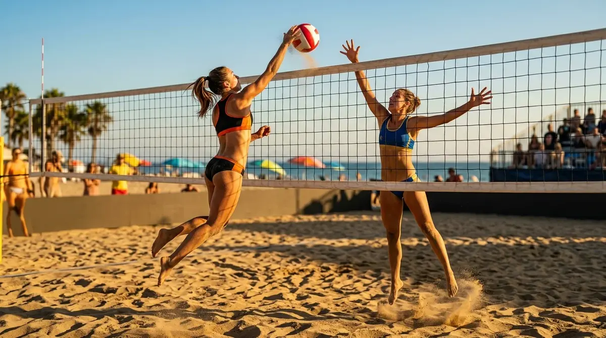 Beachvolleyball Wetten Ratgeber – zwei Spieler am Netz mit Wettquoten-Overlay auf einem deutschen Wettportal