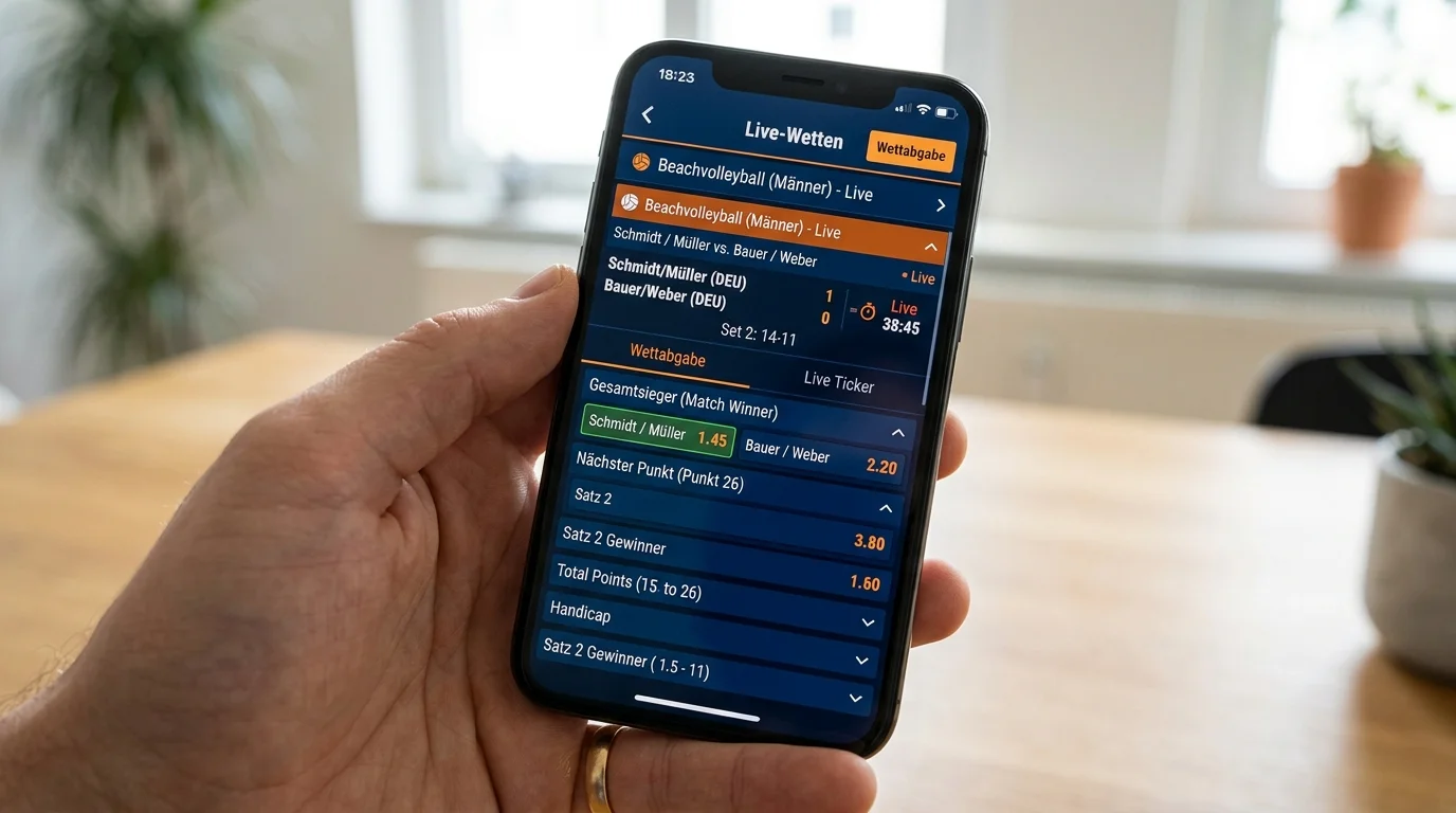 Live-Wetten Beachvolleyball In-Play – Echtzeit-Quotenänderungen während eines FIVB-Major-Matches auf einem mobilen Sportwetten-Interface