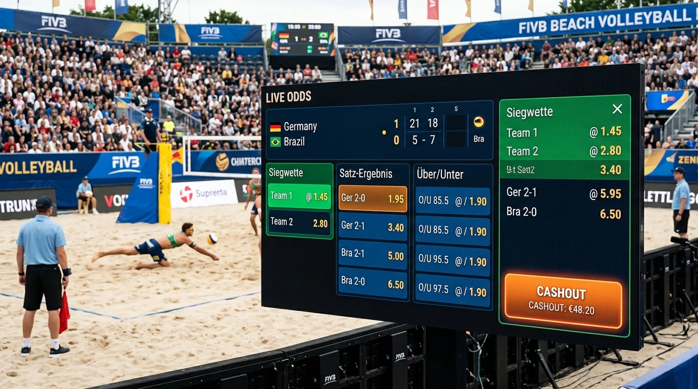 NEO.bet Live-Wettmarkt für Beachvolleyball mit Echtzeit-Quoten während eines FIVB-Matches