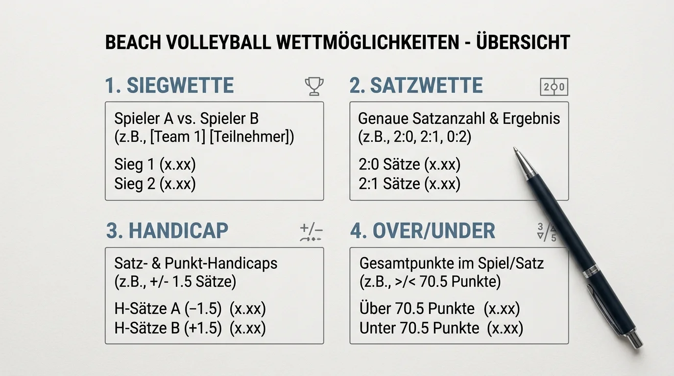 Wettarten beim Beachvolleyball – Übersicht von Siegwette, Satzwette, Handicap und Over/Under auf einem Sportwetten-Schein